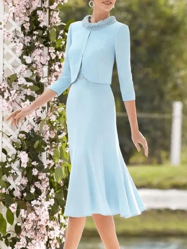 Two Piece Sheath / Column Mother of the Bride Dress Elegant Jewel Neck Knee Length Italy Satin Half Sleeve with Beading Crystal Brooch
