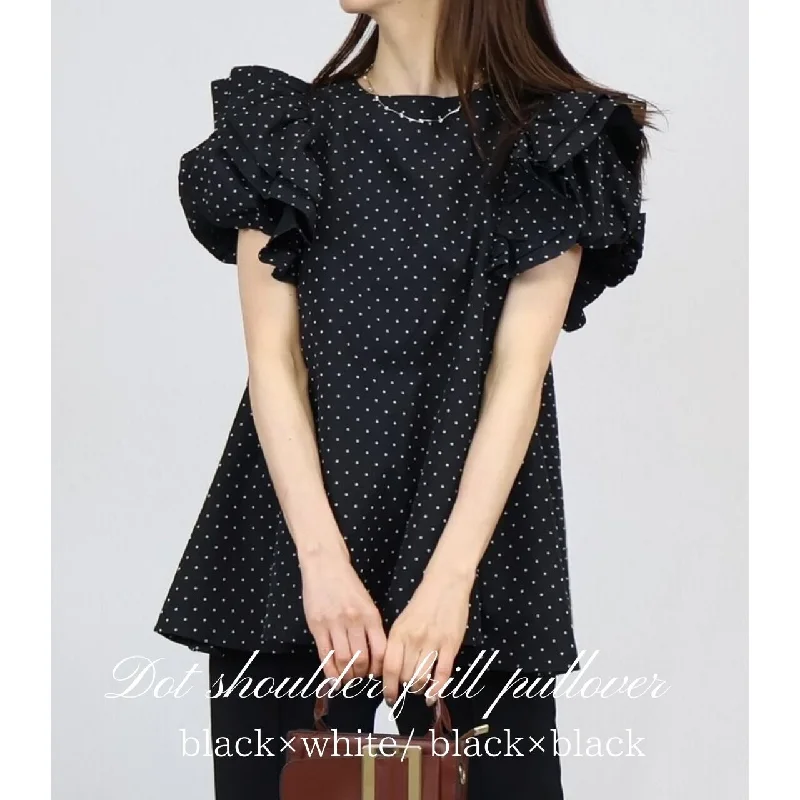 Dot Shoulder Ruffle Pullover Boxy Neck Sweater