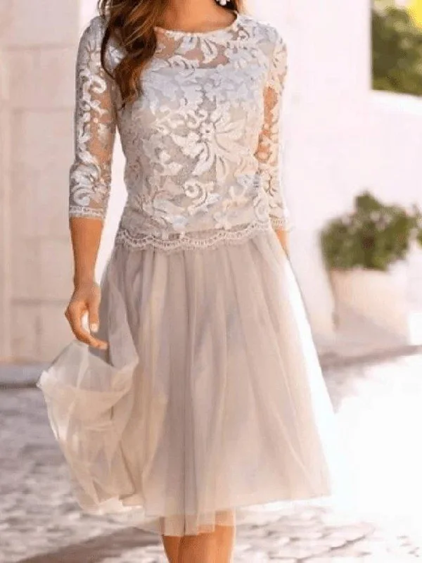 A-Line Mother of the Bride Dress Elegant See Through Jewel Neck Knee Length Chiffon Lace 3/4 Length Sleeve with Lace Ruching