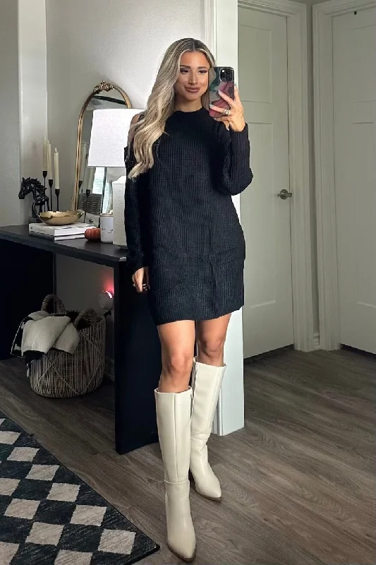 Leah Cold Shoulder Sweater Dress: Black Striped Floral Plaid