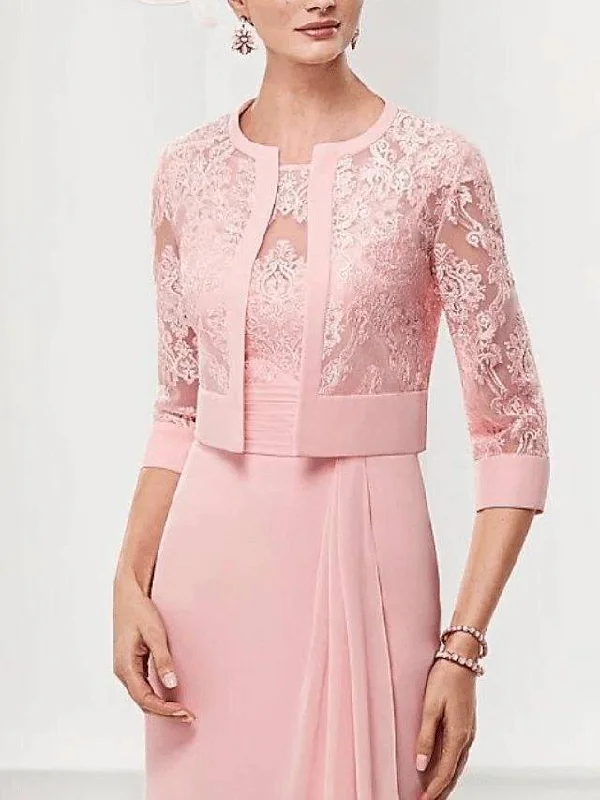 Two Piece Sheath / Column Mother of the Bride Dress Elegant Illusion Neck Knee Length Chiffon Lace 3/4 Length Sleeve with Draping
