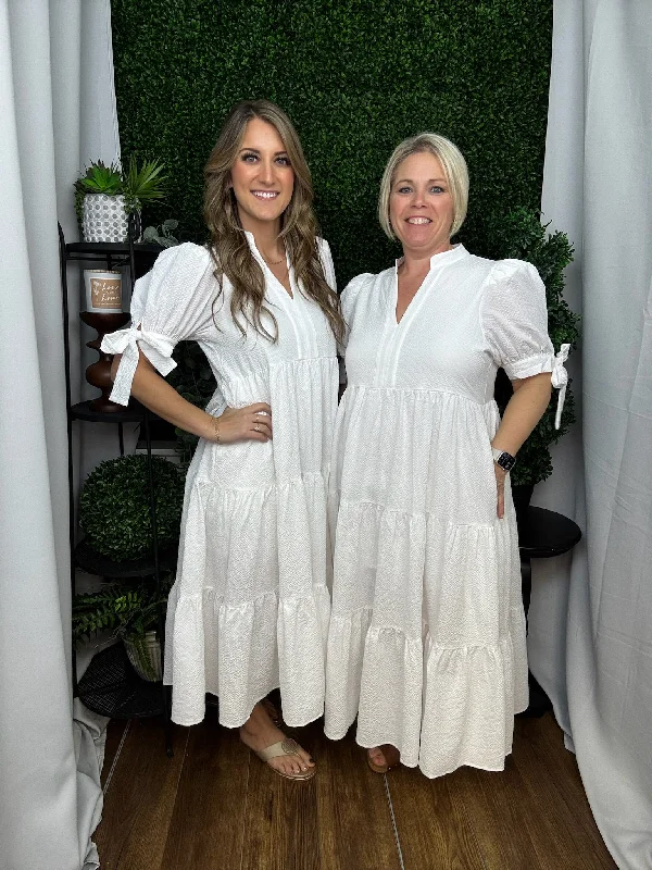 SOLID TEXTURED TIERED PULLOVER MIDI DRESS - OFF WHITE Shirred Sleeve Feminine
