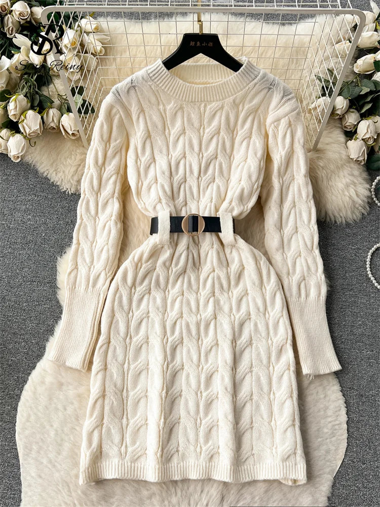 Yipinpay Office Lady Knitted Dress Twist Drill Shaped Long Sleeves Belt Solid Women Senior 2024 Winter Thick Sweater Midi Dress Turtle Neck Boat Neck Asymmetrical Neck