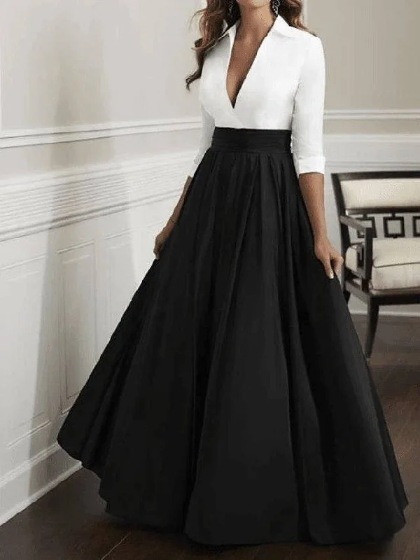 A-Line Mother of the Bride Dress Elegant & Luxurious Plunging Neck Floor Length Satin Half Sleeve