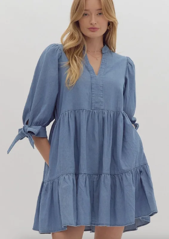Tiered Denim Tie Sleeve Dress