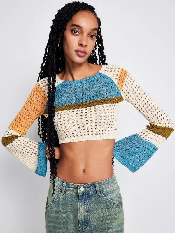 Contrasting Color Hollow Knit Sweater – Short Waist Long-Sleeved Women’s Fashion Velvet Chenille Corduroy
