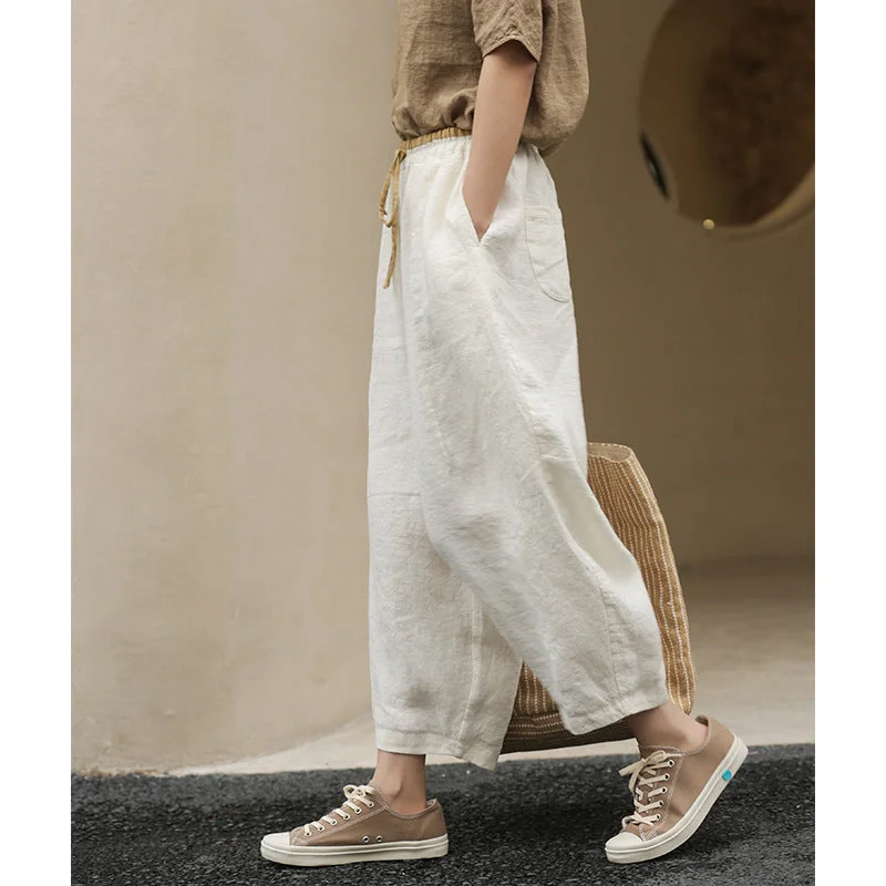 Casual Linen Elastic Waist Cropped Trousers for Women Trousers Harem Relaxed Fit
