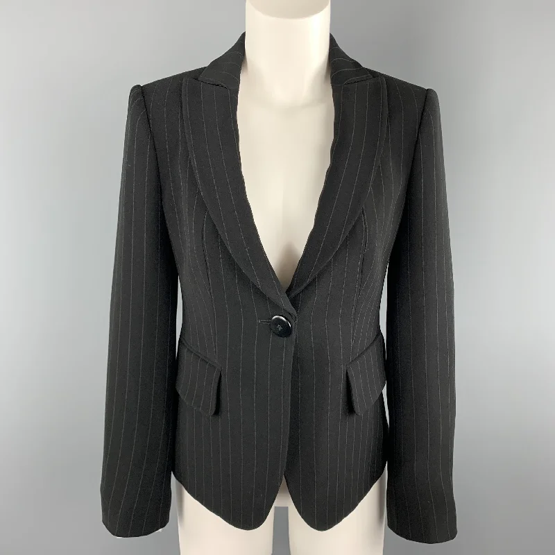 ARMANI COLLEZIONI Size 4 Black Pinstriped Cropped Blazer Jacket Boat Neck Shawl Collar Notched Collar