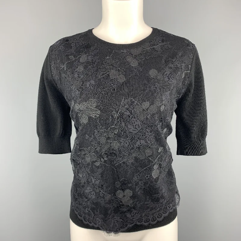 CARVEN Size L Black Merino Wool Lace Overlay Short Sleeve Pullover Button Front Sweater