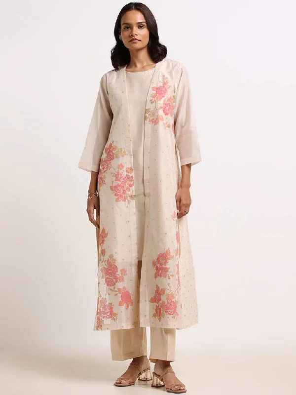 Vark Beige Floral Kurta, Pants with Jacket Set Elasticated Jacket Padded Jacket Insulated Jacket