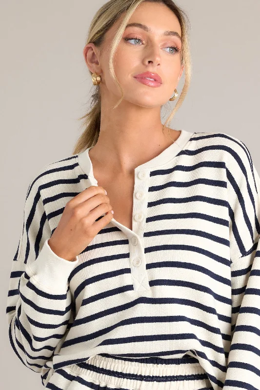 Maritime Muse Navy Stripe Button Front Pullover Sabrina Neck Pullover