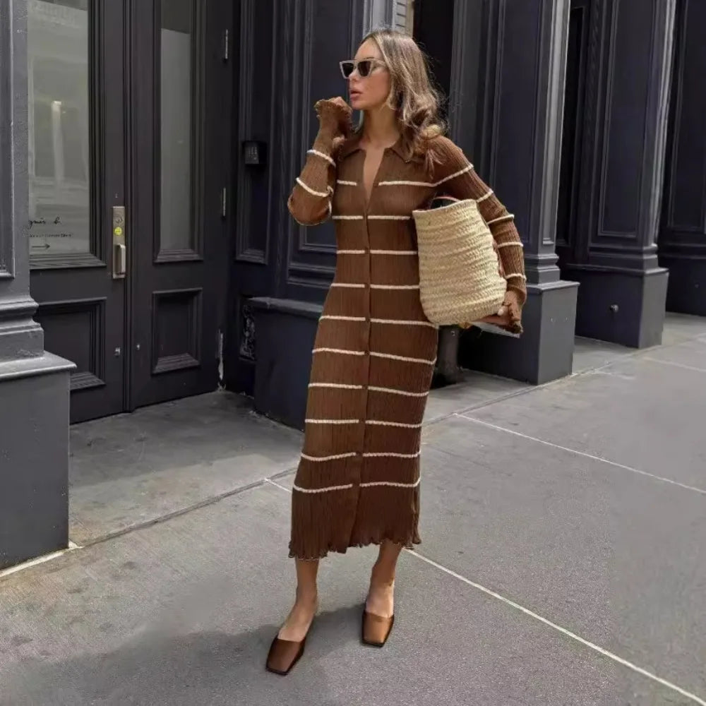 Bonnyshow Brown Striped Knitted Dress Women Elegant Long Sleeve Slim Maxi Sweater Dresses Autumn Winter Causal Basic Warm Party Dress 2024 Stretchy Elastic Breathable