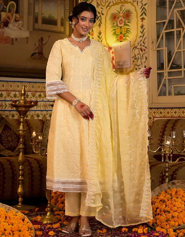 Anarkali Kurta Trouser With Dupatta Set Yellow Pure Cotton Pant Anarkali Trousers Striped Patterned