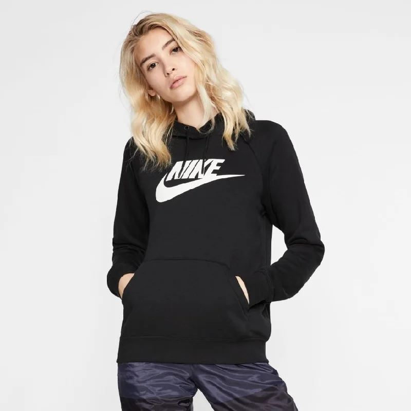 Women's Nike Fleece Pullover Hoodie - BLACK/WHITE Fitted Ribbed Sweater
