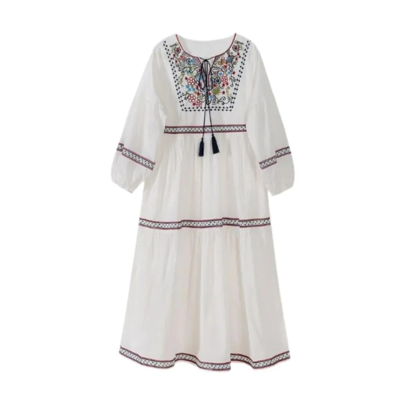 Women Embroidered Dress Streetwear Elegant Cloth for Travel Vacation Holiday M