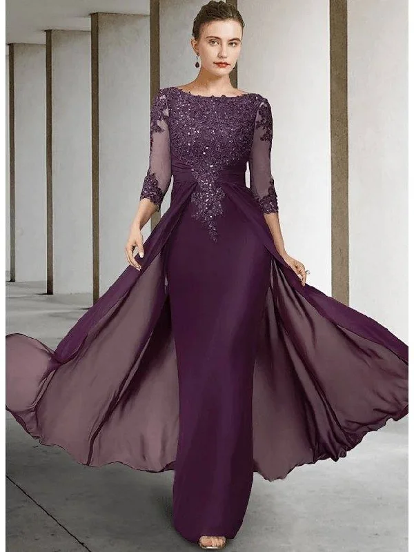Sheath / Column Mother of the Bride Dress Elegant Sparkle & Shine Jewel Neck Asymmetrical Floor Length Chiffon Lace 3/4 Length Sleeve with Sequin Appliques