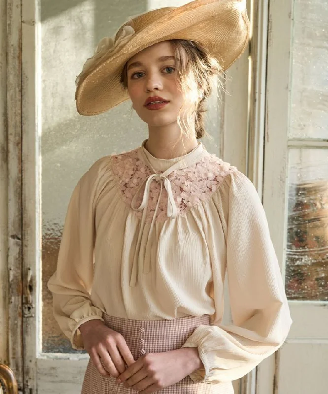 Cut Flower Lace Yoke Pullover Blouse Deep Neck Pullover