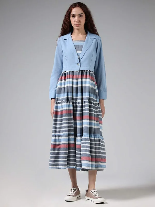 Bombay Paisley Blue Striped Cotton Dress With Solid Jacket Snapped Jacket Toggled Jacket Drawstring Jacket