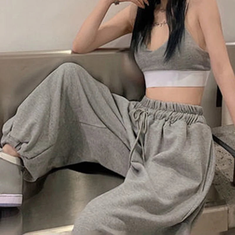 DIHOPE Gray Sweatpants for Women 2024 Autumn New Baggy Fashion Oversize Sports Pants Balck Trousers Female Joggers Streetwear Trousers Vintage Classic