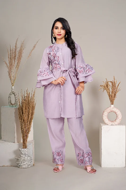 Lavender Pink Embroidered Tunic & Trouser Set With Belt Trousers Floral Bohemian