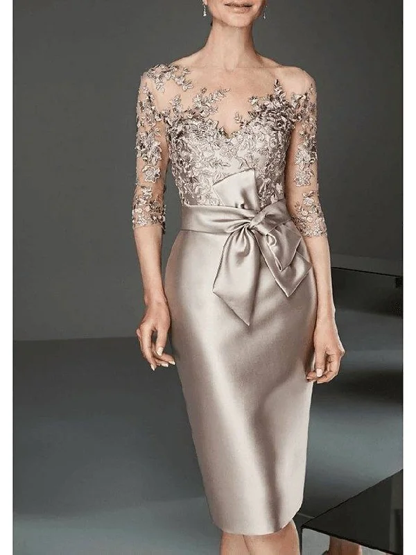 Mother of the Bride Dress Plus Size Elegant See Through Bateau Neck Knee Length Satin Tulle Half Sleeve with Beading Ruffles