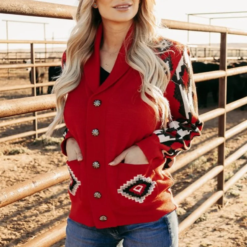 Women's Red/Black and White Aztec Button Sweater Soft Cozy Warm