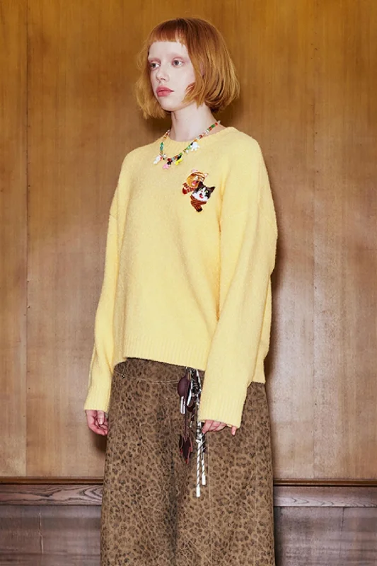 Embroidered Cat Knit Sweater Stretchy Elastic Breathable