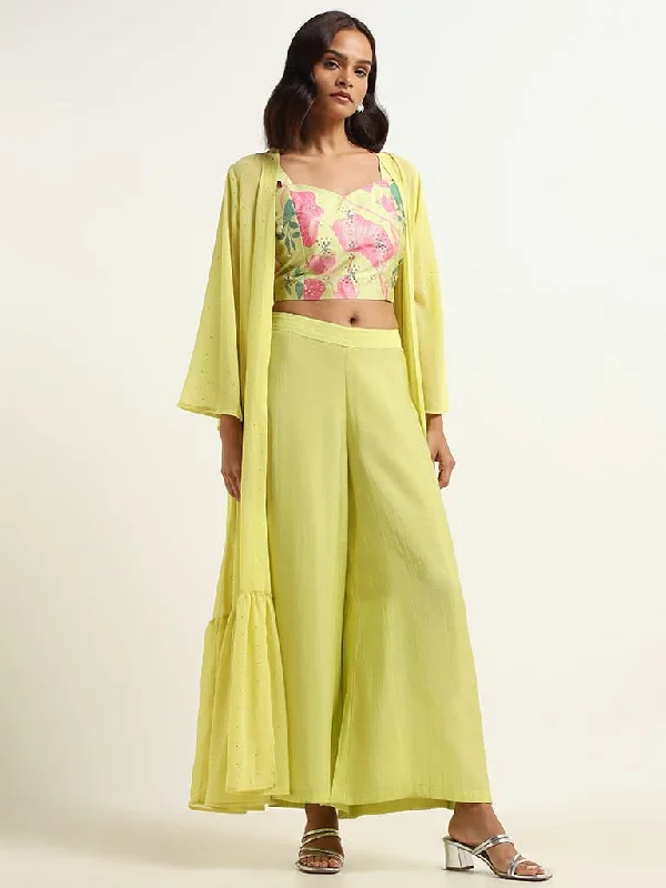 Vark Green Floral Top, Palazzos & Jacket Set Hoodie Zip-Up Jacket Button-Up Jacket