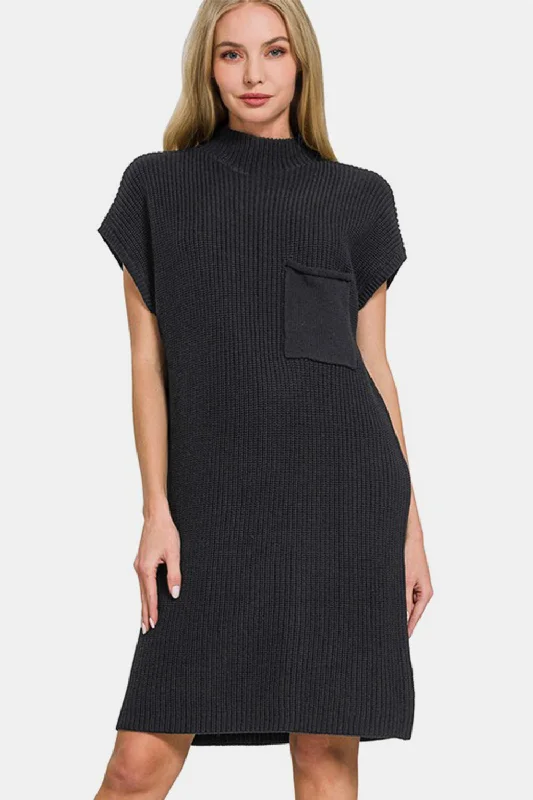 Blue Zone Planet |  Zenana Mock Neck Short Sleeve Sweater Dress Notch Collar Peter Pan Collar Cowl Neck