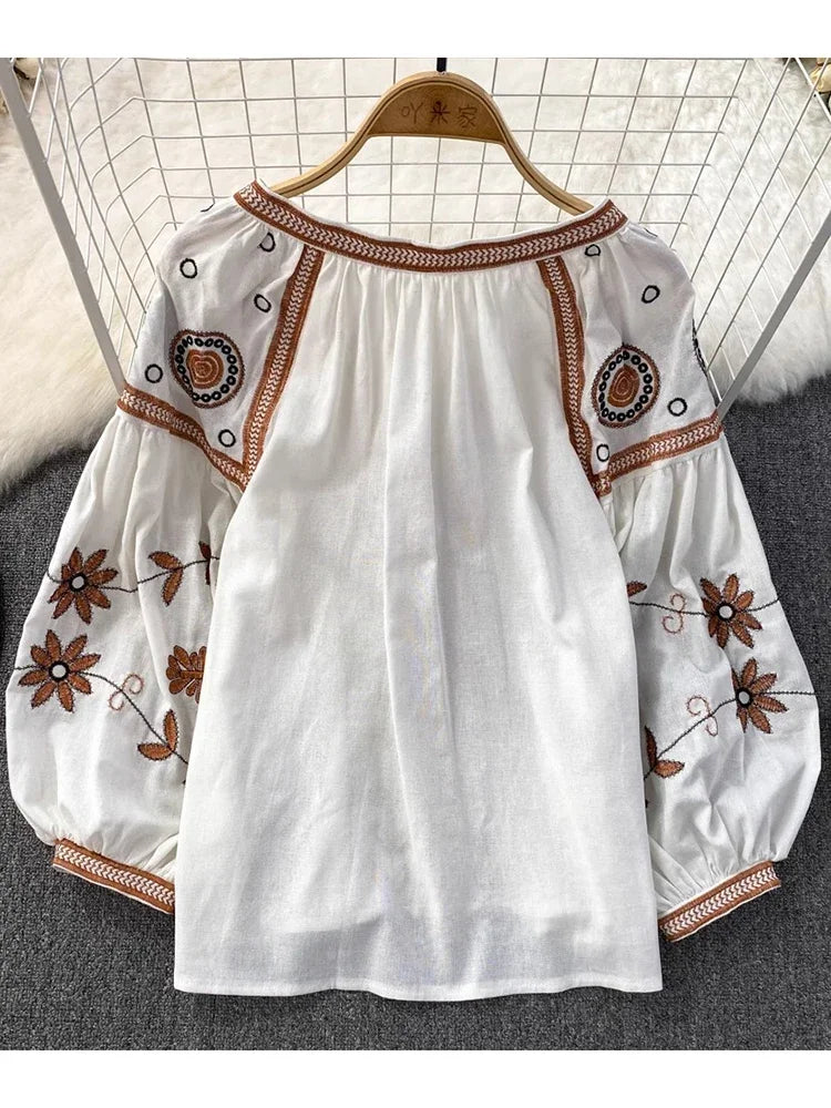 Women Spring Blouse Vintage Ethnic Style Long Sleeve Round Neck Loose Embroidered Cotton Linen Pullover Shirt Casual Top Open Neck Pullover