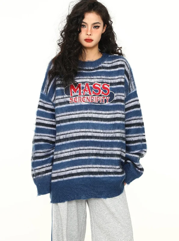 MASS SERENDIPITY Oversized Striped Knit Sweater Handmade Hand-knitted Hand-woven