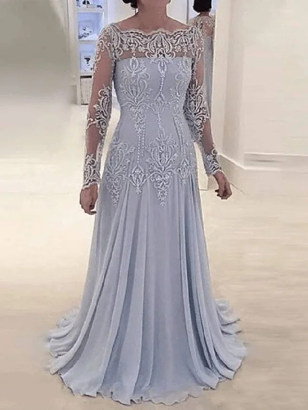 A-Line Mother of the Bride Dress Elegant Scalloped Neckline Sweep / Brush Train Polyester Long Sleeve with Pleats Appliques