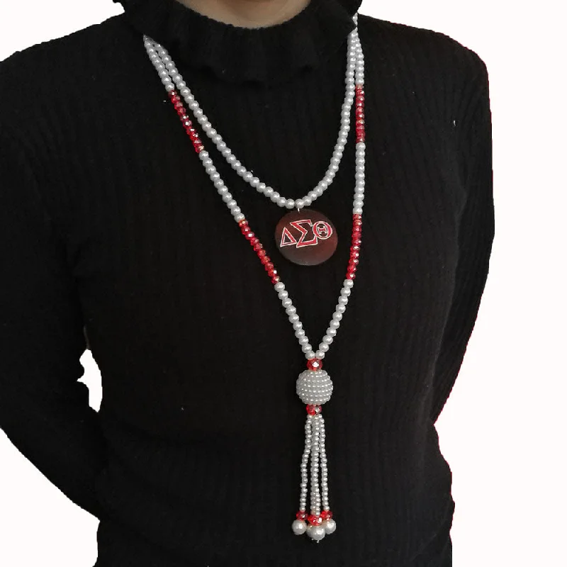 Long Red Delta Temperament Fringe Sweater Chain Classic Greek Sorority DST Women's Retro Crystal Beaded Pearl Necklace Jewelry Cashmere Blend Cotton Blend Poly Blend
