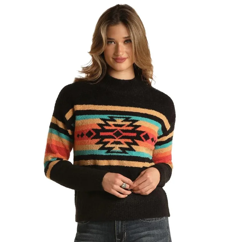 Panhandle Slim Women's Black Aztec Mock Neck Sweater Collared Crew Neck Turtle Neck