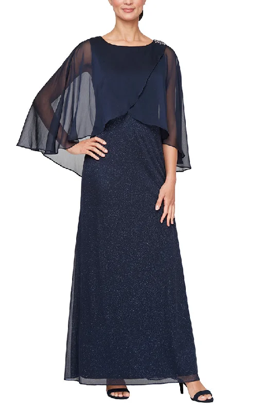Long Glitter Mesh Dress with Tulip Ovleray Bodice and Embellishment at Shoulder