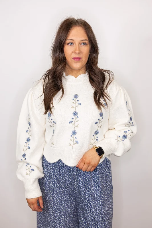 Floral Passion Cream Embroidered Sweater Mesh Fabric Canvas Fabric Denim Fabric