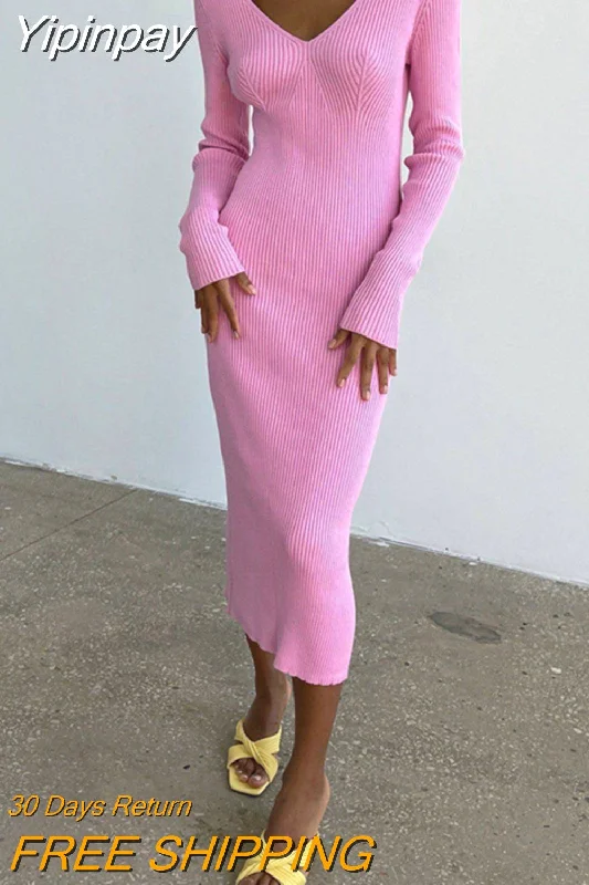 Yipinpay Spring Sexy Sweater Dress Casual 2023 V-Neck Elegant Knitted Women Dress Long Sleeve Bodycon Midi Dress Office Lady Fitted Slim Tailored