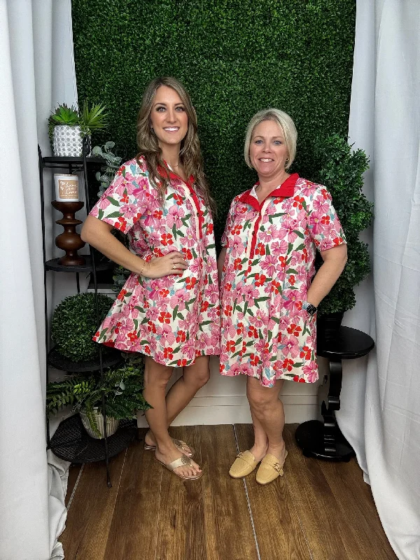 FLORAL PRINT SHORT SLEEVE HALF BUTTON PULLOVER MINI DRESS - RED Short Puff Sleeve