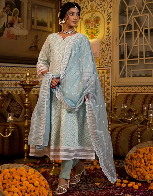 Anarkali Kurta Trouser With Dupatta Set Pista Pure Cotton Pant Anarkali Trousers Corduroy Warm