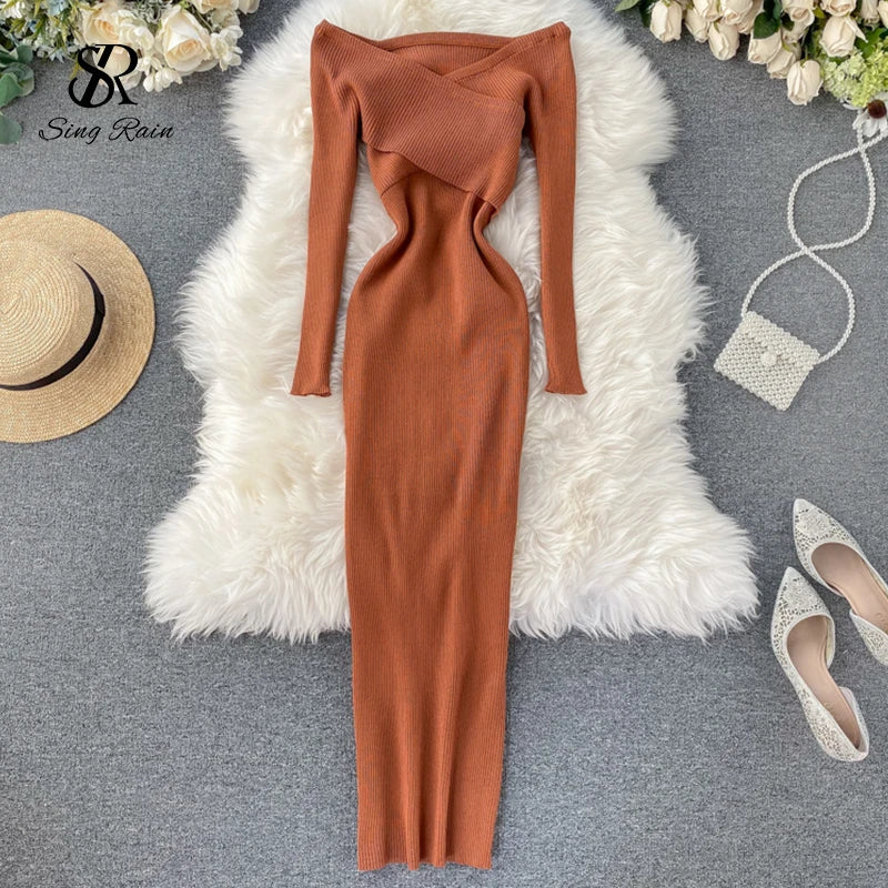 Yipinpay Slash Neck Knitted Dress Women Sexy Off Shoulder Cross Elastic Warm Dress Autumn Winter Fashion Sweater Bodycon Dress Solid Color Striped Floral Print