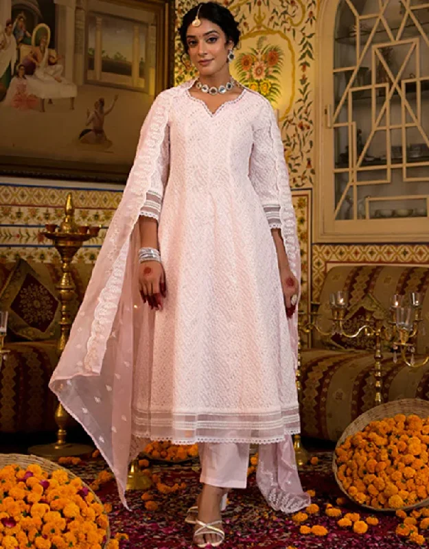 Anarkali Kurta Trouser With Dupatta Set Baby Pink Pure Cotton Pant Anarkali Trousers Plaid Checkered