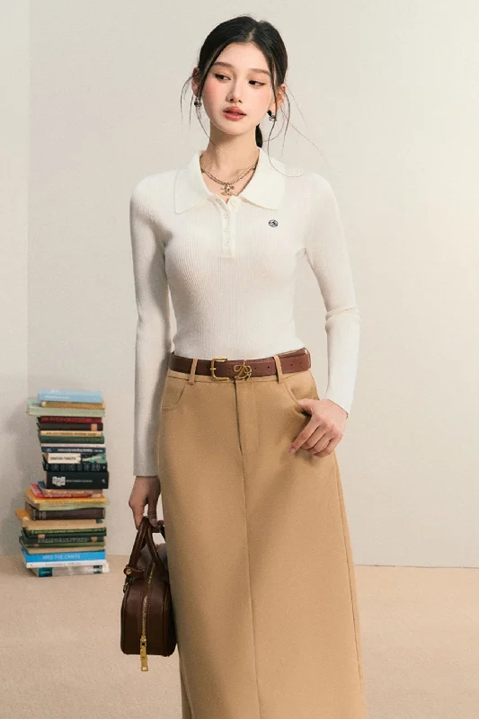 Classic Ribbed Polo Sweater - Long Sleeve Fitted Knit Top Wool Sweater Cotton Sweater Cashmere Sweater