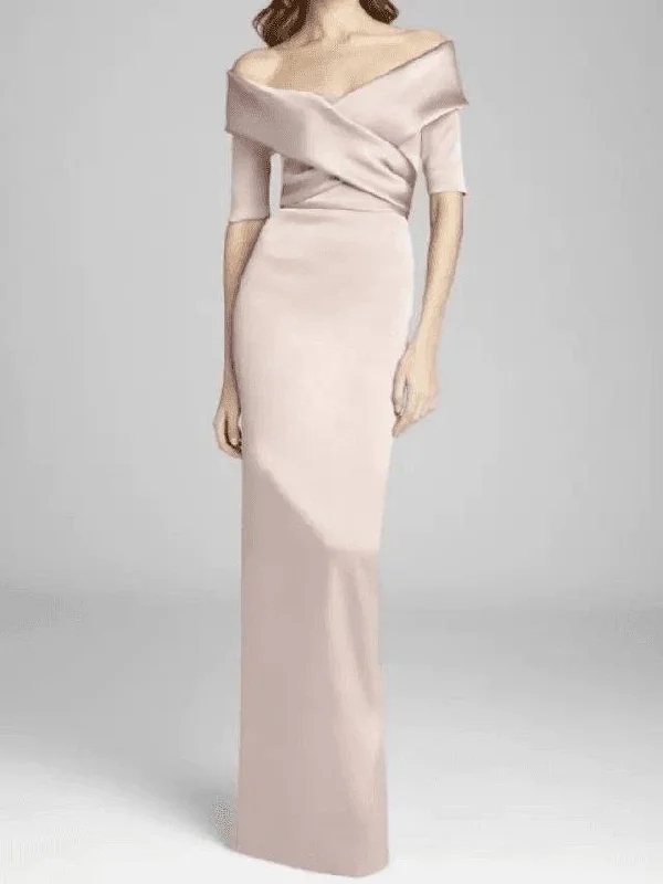 Sheath / Column Mother of the Bride Dress Elegant & Luxurious Off Shoulder Floor Length Satin Short Sleeve with Ruching