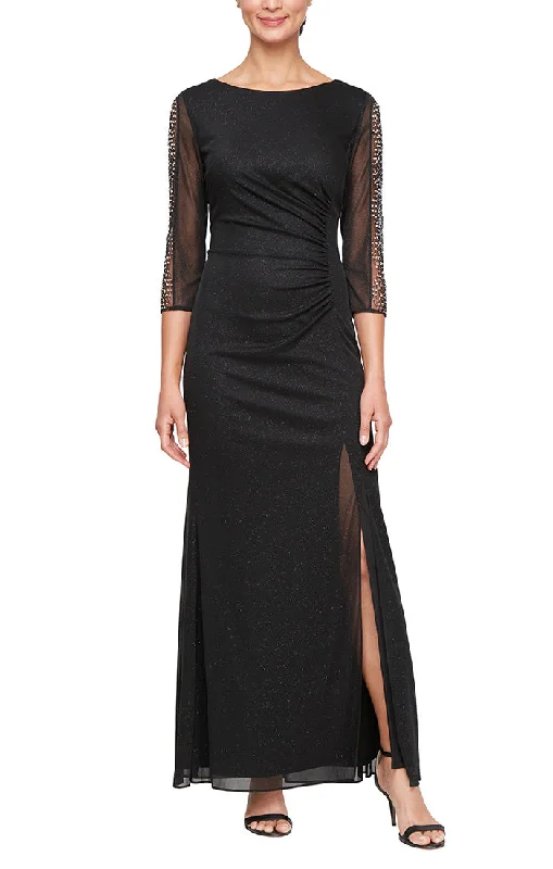 Glitter Mesh Ruched Waist Dress with Beaded Illusion Panel Sleeves and Front Slit