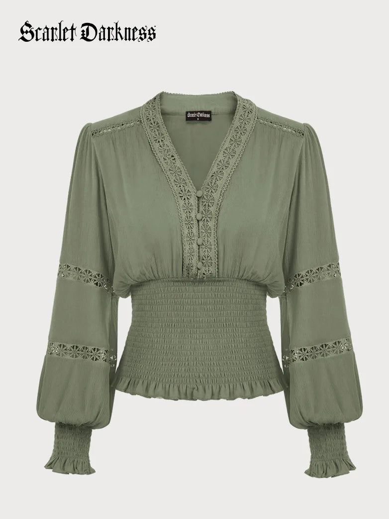 Hollow out Smocked Waist V-Neck Cotton Pullover Tops Ribbed Crew Neck