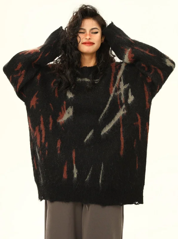 Distressed Abstract Pattern Oversized Sweater Elegant Classic Vintage