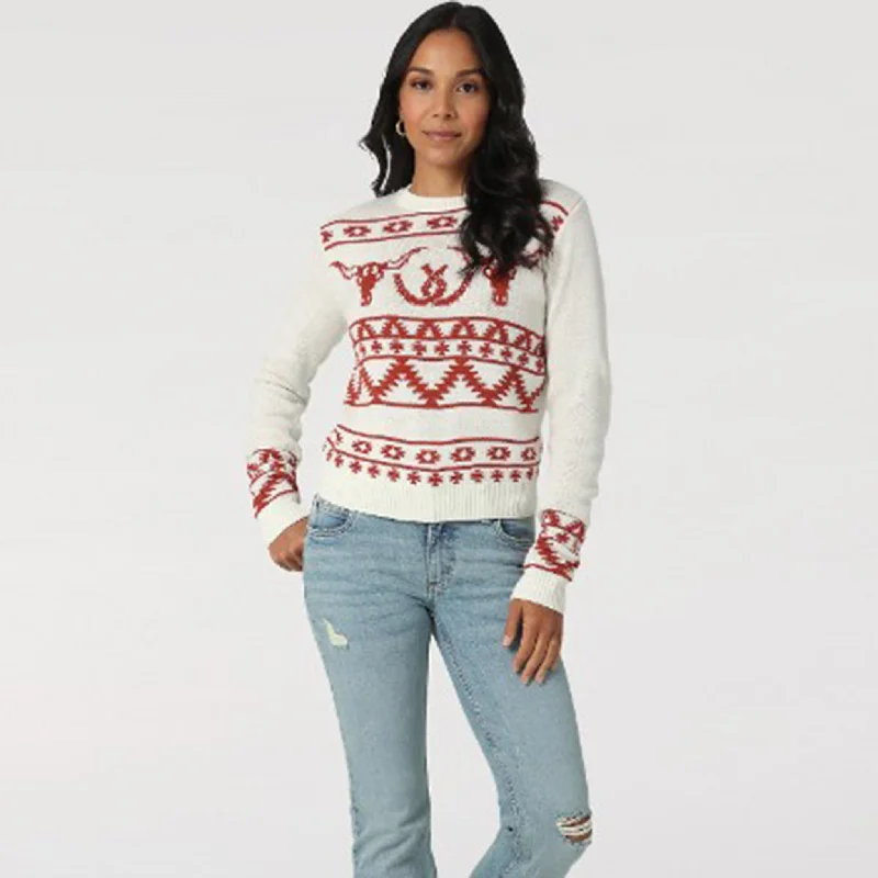 Wrangler Women's White/Red Skull Sweater Nylon Fabric Polyester Fabric Spandex Fabric