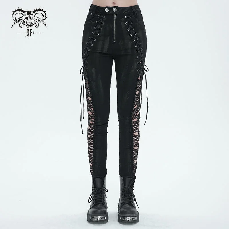 PT210 punk ripped mesh lace up trousers High Waist Slim Fit Ankle Length