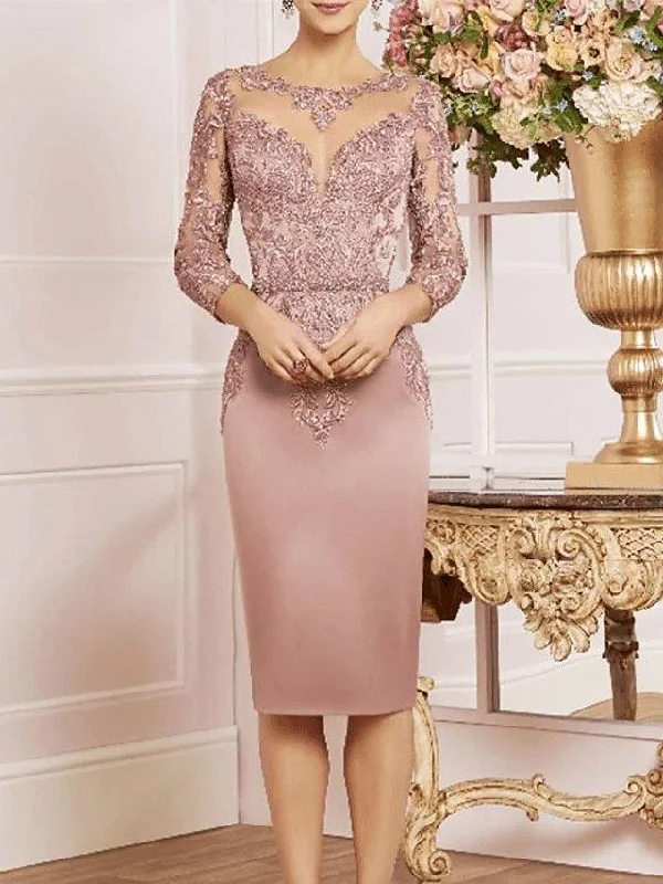 Mother of the Bride Dress Plus Size Elegant Bateau Neck Knee Length Lace Satin 3/4 Length Sleeve with Ruffles