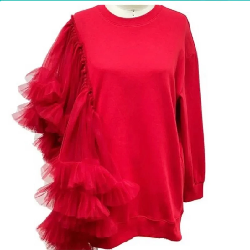 Heaven Sent Red Tulle Sweater Solid Print Embellished
